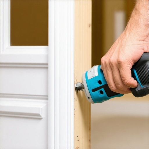 A person carefully sawing a door jamb with an oscillating tool to create an under-cut for vinyl flooring.
