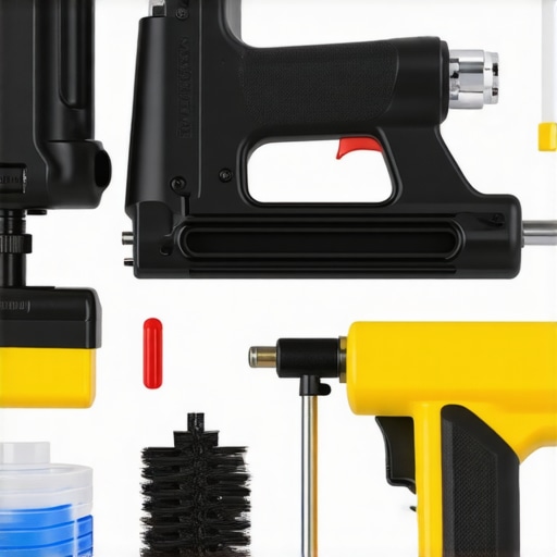 A collection of tools such as staple guns, sealant removers, and moisture sensors arranged neatly for home maintenance.