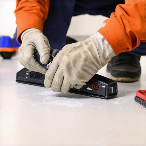 A hand holding a versatile oscillating multi-tool trimming flooring in a modern home