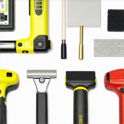 organized workshop featuring laser level, oscillating multi-tool, trowel, and grout float for flooring and tile work.