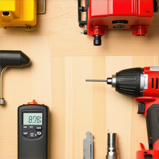 Essential Tools for Flooring Maintenance A collection of high-quality tools used for flooring installation and maintenance, including a moisture meter, pneumatic nailer, wet saw, and sander.