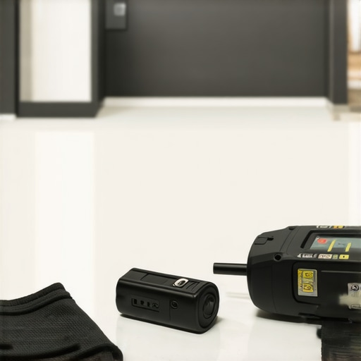 Close-up of laser distance measurer and screwdriver set used for flooring and shower upkeep.