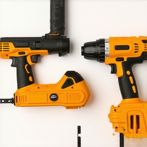 A cordless caulk gun and a miter saw set up for flooring and finishing projects