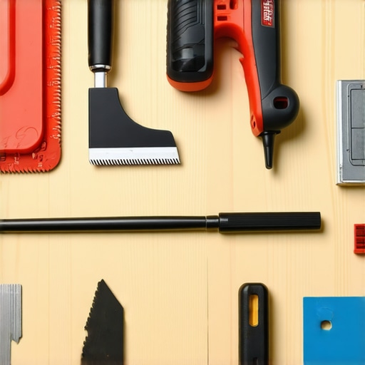 A detailed shot of high-quality renovation tools neatly arranged on a workbench, highlighting tools for flooring and tile installation.