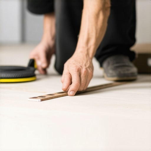 Close-up of a craftsman carefully fitting and nailing baseboards with precise miter cuts in a modern room