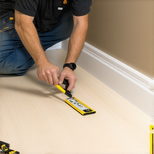 A man using a scribing tool to match a baseboard to an uneven wall surface.
