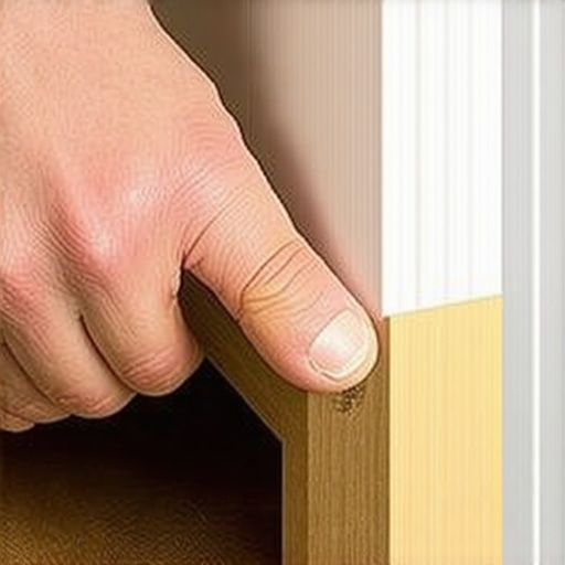 Person demonstrating the friction-fit method on a baseboard corner with a wooden shim.