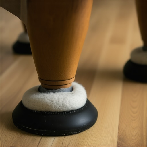 Close-up of furniture legs with felt and rubber pads installed for floor protection.
