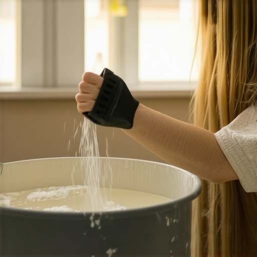 Person gently folding self-leveling compound with a paddle to minimize air bubbles