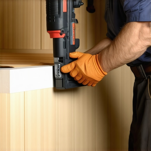 High-Quality Cordless Finish Nailer in Action Close-up of a cordless finish nailer securing baseboards during a renovation project.