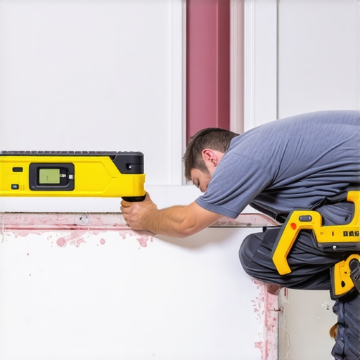 Handyman using a level to check shower floor slope ensuring correct drainage angle.