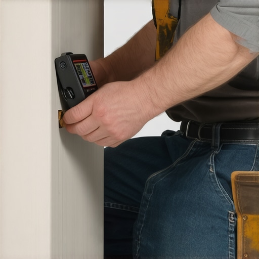 Person measuring wall corner with digital angle tool to customize baseboard cuts for uneven walls.