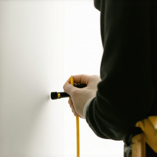 Close-up of a carpenter measuring wall for baseboard fitting