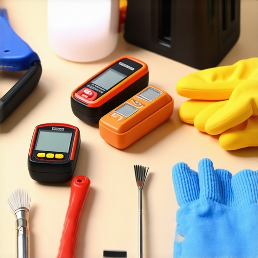 Modern flooring maintenance toolkit Tools for flooring maintenance including a multi-tool, moisture meter, and cleaning supplies on a work surface.