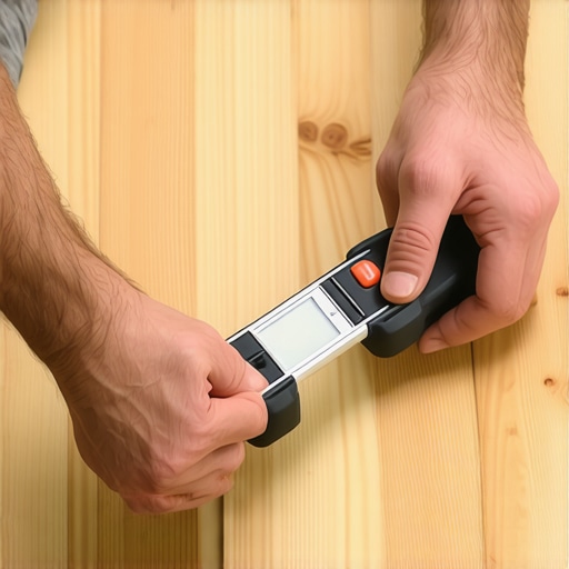 Homeowner testing moisture levels beneath hardwood flooring with a professional moisture meter.