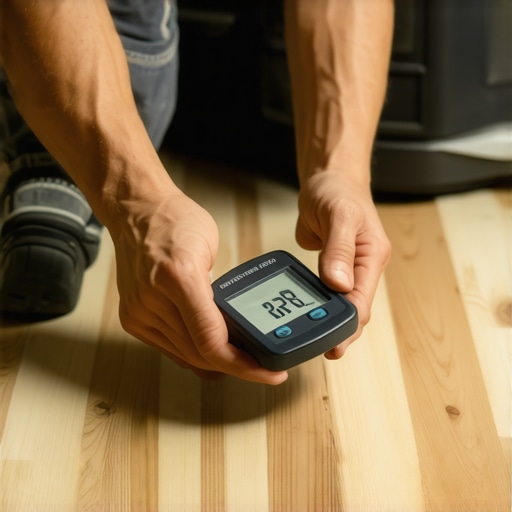 A hand holding a moisture meter Testing a wooden subfloor for moisture before installing new flooring.