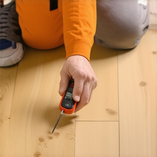 Person checking moisture levels on subfloor with a moisture meter