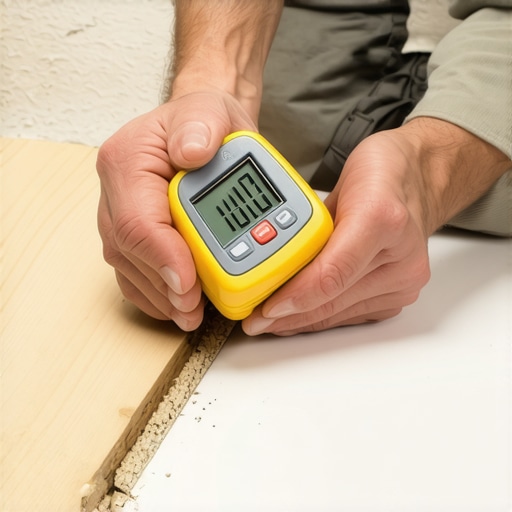 Moisture Meter in Use Homeowner checking moisture levels with a digital meter during flooring project.