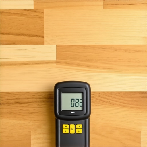 Moisture meter for flooring maintenance Hand holding a moisture meter testing a hardwood floor for hidden moisture
