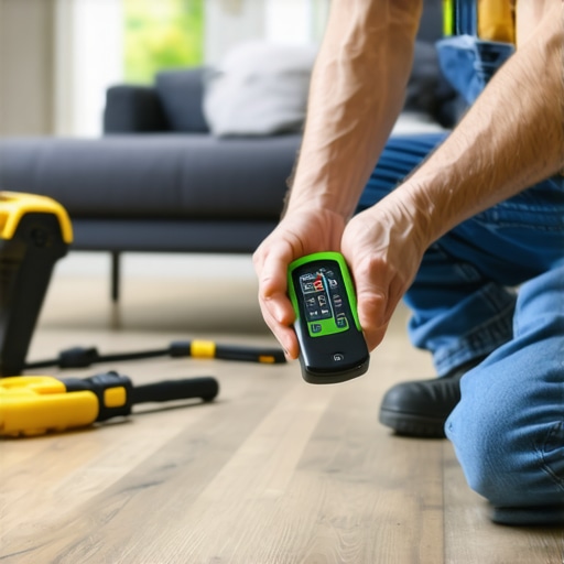 Monitoring Moisture Levels for Long-Term Flooring Health A person measuring moisture content on hardwood flooring with a digital device