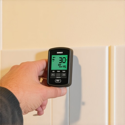 Person checking moisture levels with a digital device in a bathroom to ensure waterproofing integrity