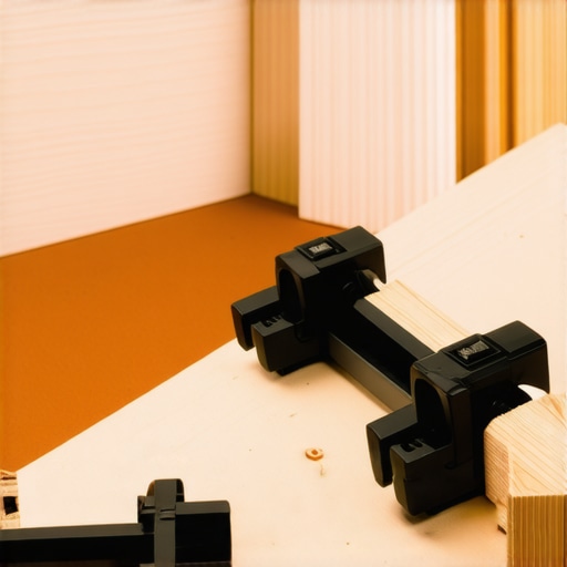 A woodworking setup showing mitered baseboard pieces clamped together for precise fitting.