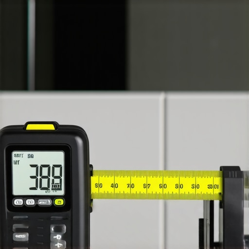 Digital level tool used for measuring accurate shower slope in a modern bathroom.