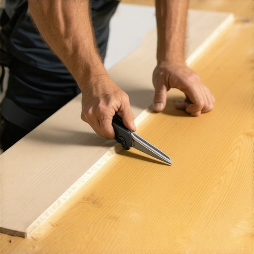 Person trimming vinyl plank with utility knife on work surface.