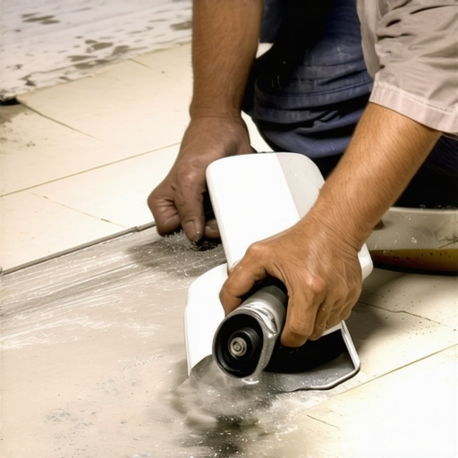 A professional worker using a diamond blade grinder for accurate tile cutting.