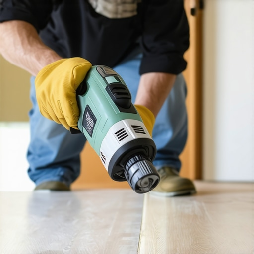 Precision Flooring Repair with Oscillating Tool A person carefully using a versatile oscillating multi-tool to fix vinyl plank flooring.
