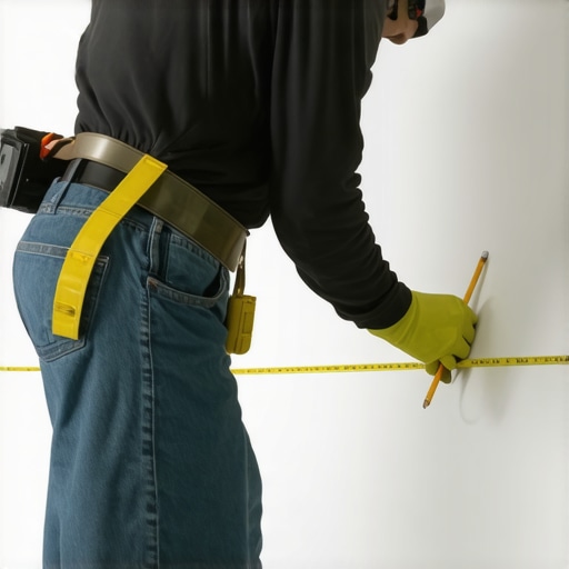 A close-up image showing a person using a tape measure to mark a wall for baseboard cut lines.