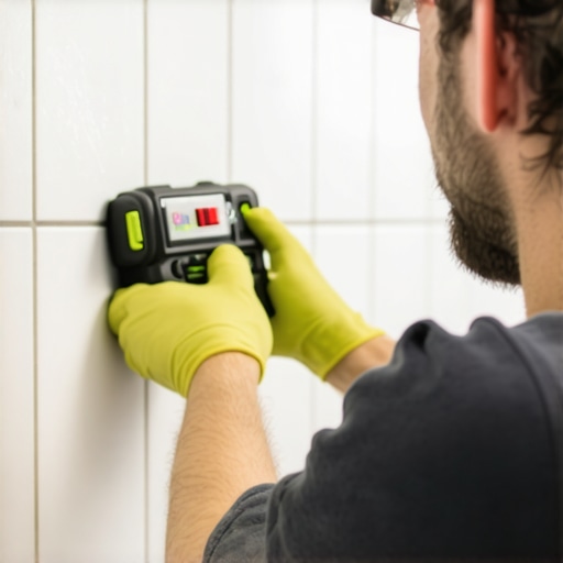 Professional using laser level and sealing tools on a bathroom shower for maintenance