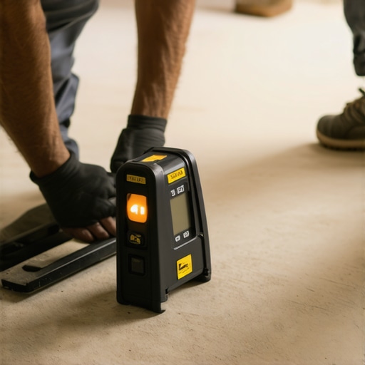 Technician using laser level and moisture meter during flooring and baseboard installation.