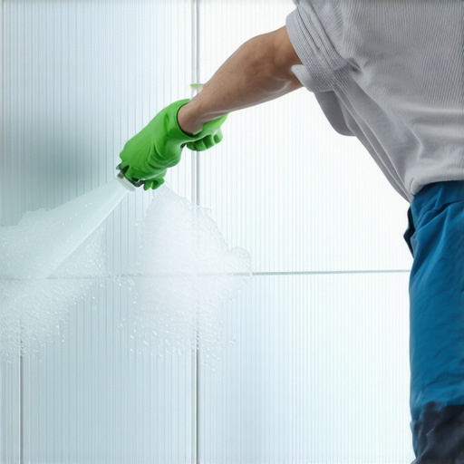Technician applying grout haze remover to glass tiles with a handheld tool.