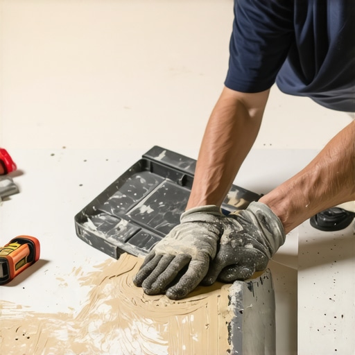 A technician spreading self-leveling compound on a subfloor to create a smooth, even surface before vinyl installation.