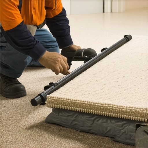 Carpet installer using a power stretcher for tight installation in a living room