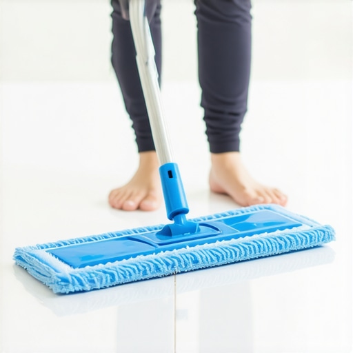 Proper Cleaning Tools for Long-Lasting Floors Person cleaning tiled bathroom floor with microfiber mop to maintain cleanliness and durability