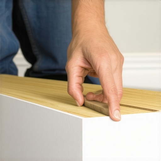 Proper Shim Placement for Flawless Baseboards Hand placing a small wooden shim behind a baseboard to level it against uneven wall surface.