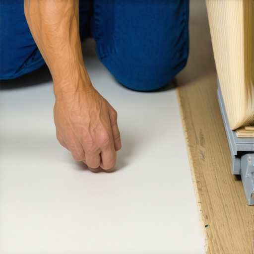 Technician installing vinyl flooring with tapping block and spacers ensuring tight seams.
