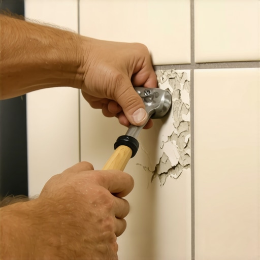 Hands using a chisel and hammer to carefully remove a damaged shower tile