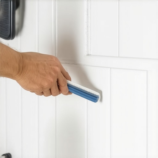 A hand smoothing silicone caulk along shower edge to prevent leaks