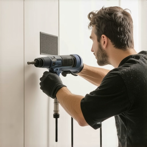 A person sealing a shower niche with a caulking gun in a clean, modern bathroom.