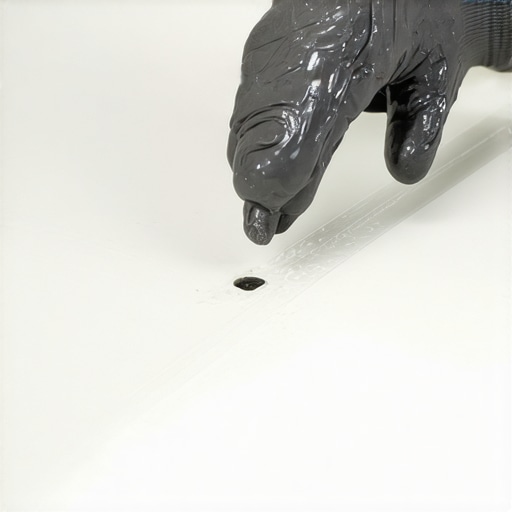 Close-up of a hand sealing staple holes in a shower curb with waterproof sealant