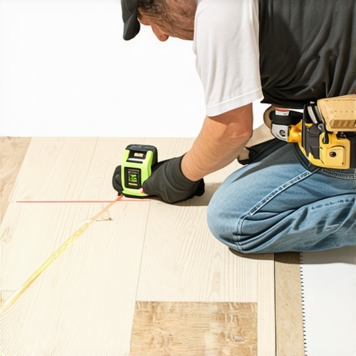 Subfloor Leveling with Laser Tools Installer checking subfloor flatness with laser level for perfect flooring installation