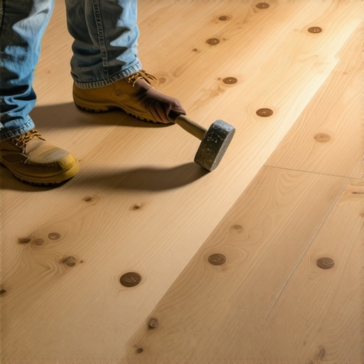 Person tapping vinyl flooring with a rubber mallet at a 45-degree angle to ensure tight seams.