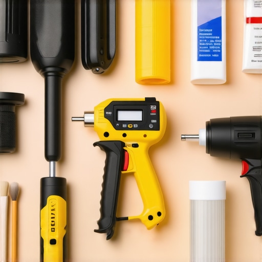 An array of tools including a moisture meter, caulk gun, and sealant for home flooring and shower upkeep.