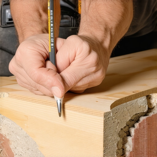 A hand holding a pencil tracing a curved line on a wooden baseboard to match an uneven brick wall surface