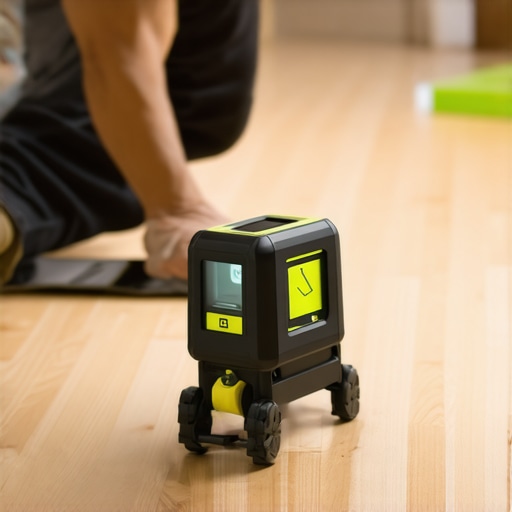 Installer checking precise lines with laser level on wooden floor