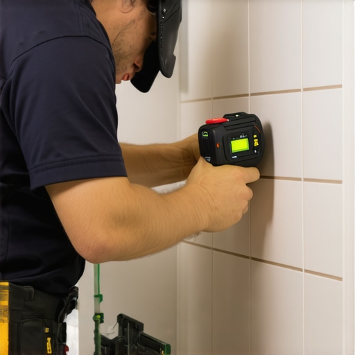A tile installer lines up tiles using a laser level, ensuring straight grout lines and a flawless finish.