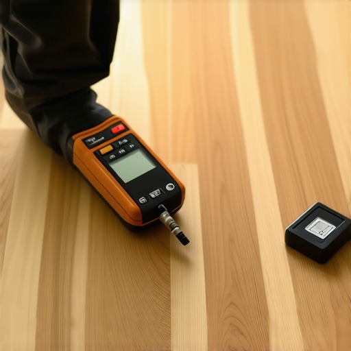 Person measuring moisture levels in hardwood floor using a digital moisture meter for proper maintenance.